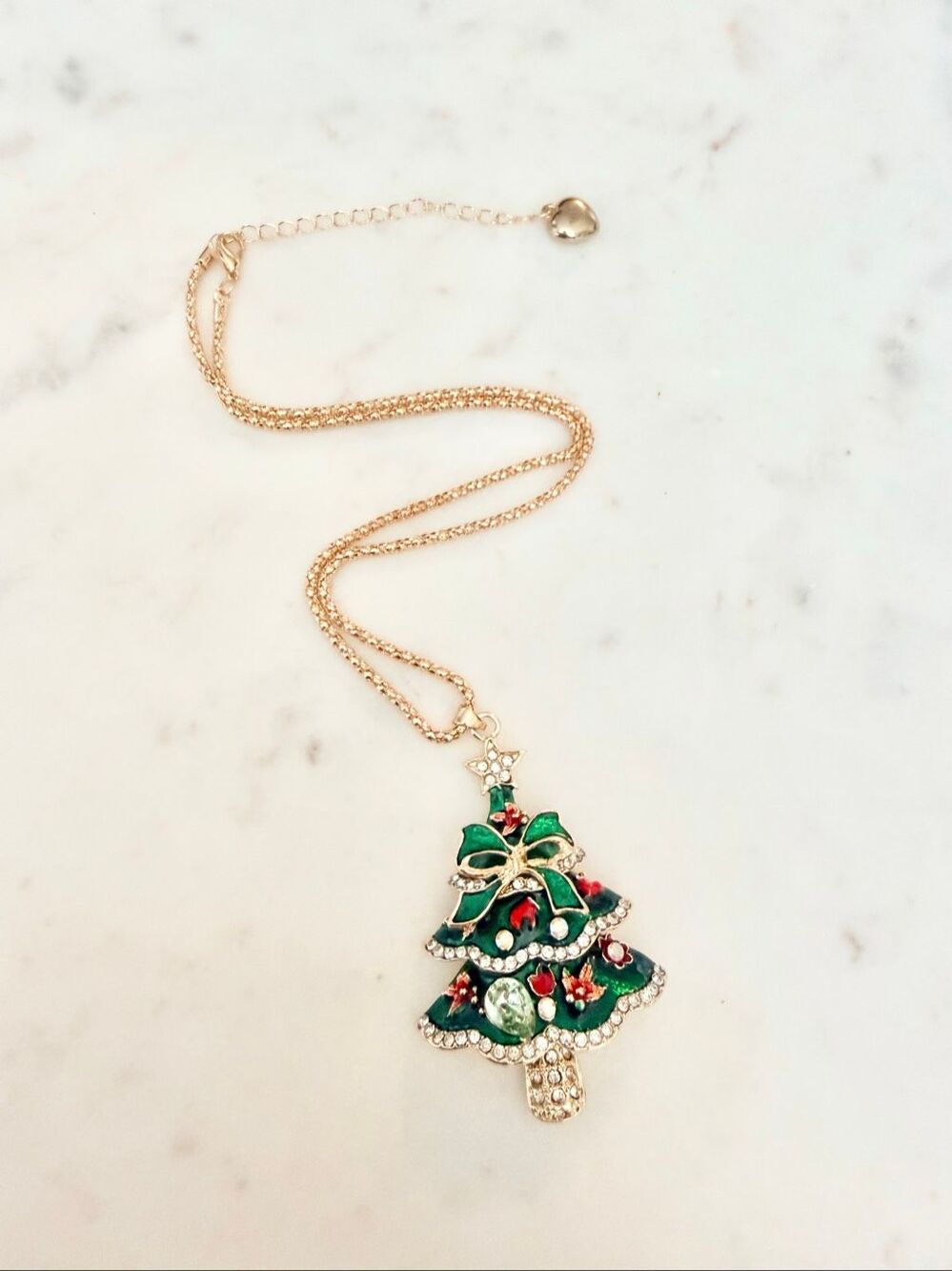 Green Enamel Rhinestone Christmas Tree Pendant Necklace Gold Tone